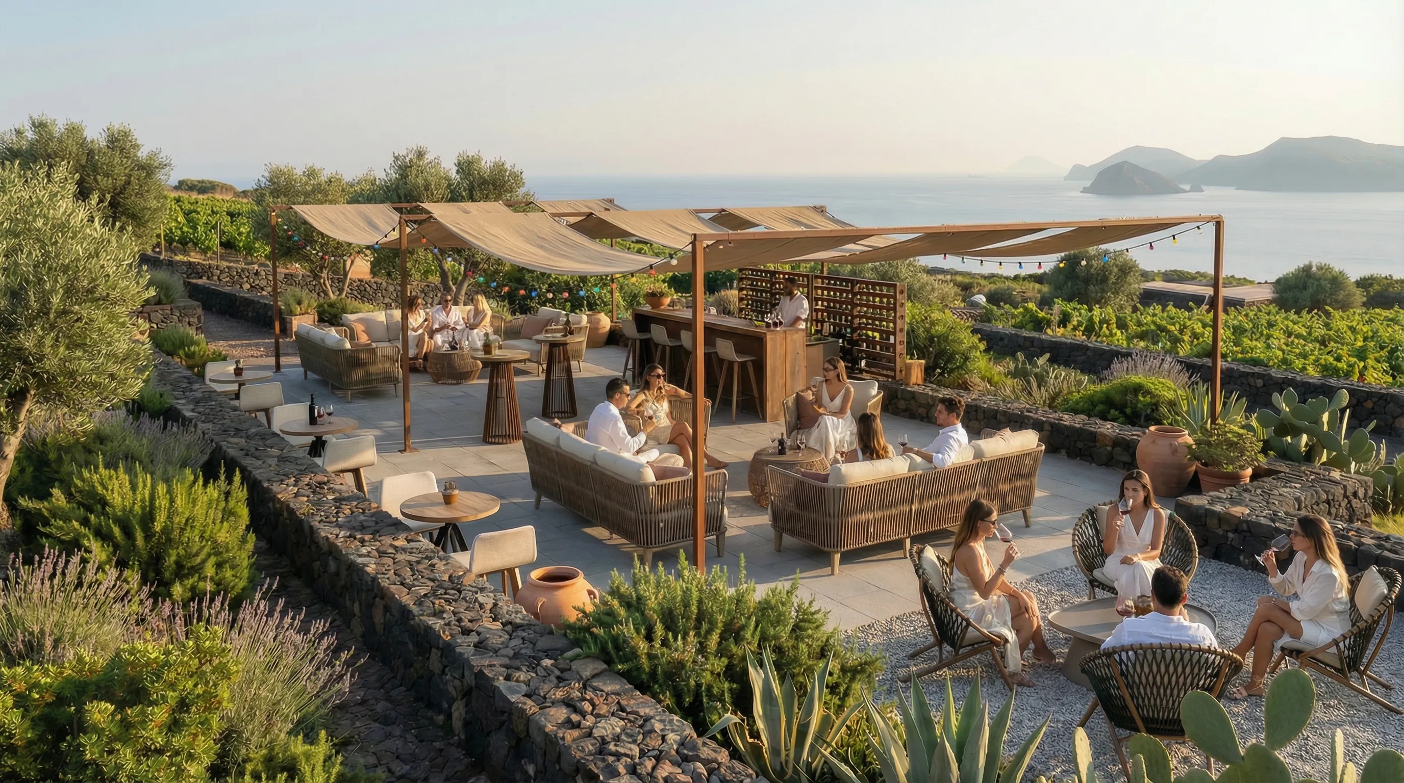 Veduta diurna del giardino e dell'architettura del resort a Salina