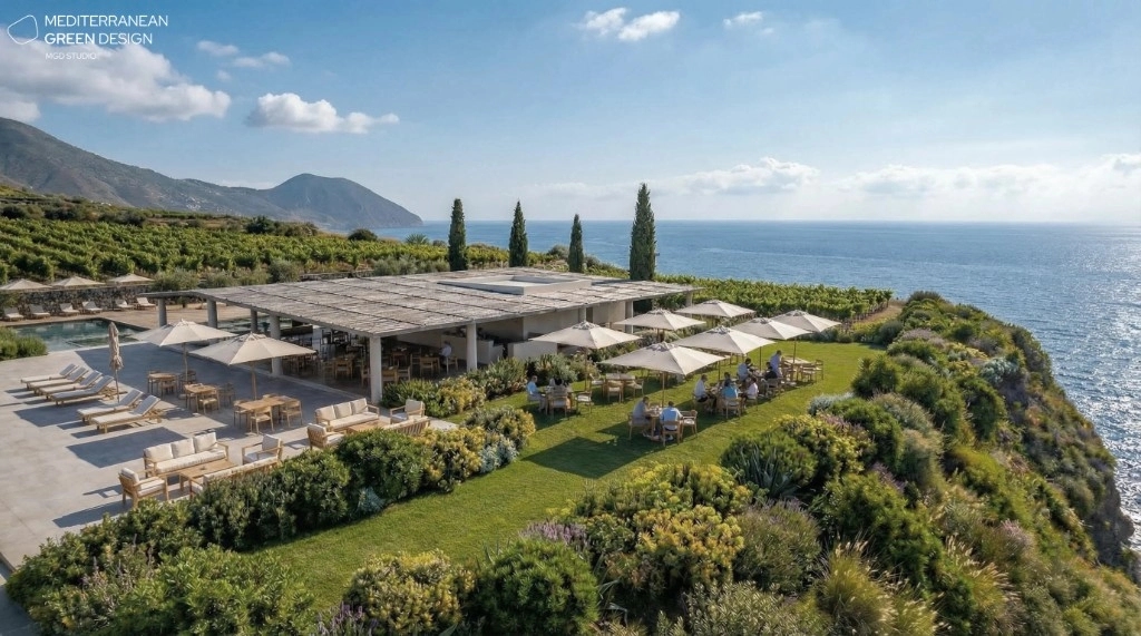 Veduta diurna del giardino e dell'architettura di Capofaro a Salina