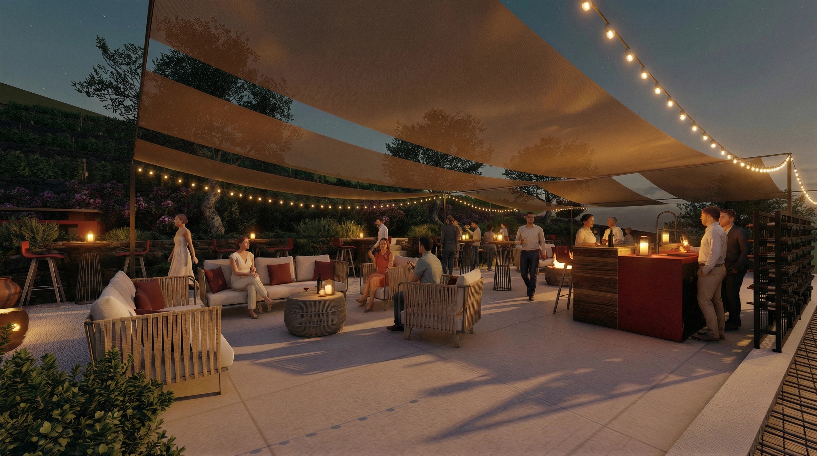 L'area lounge e pianobar nella notte delle Eolie